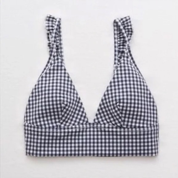 Aerie Ruffle Triangle Bikini Top Women's Size Extra Large Gingham Blue White - Picture 6 of 7